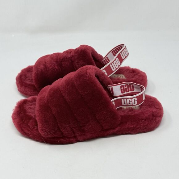 UGG Fluff Yeah Shearling Slingback Slippers Kids Girls 6 Burgundy Red Open Toe - Picture 4 of 14